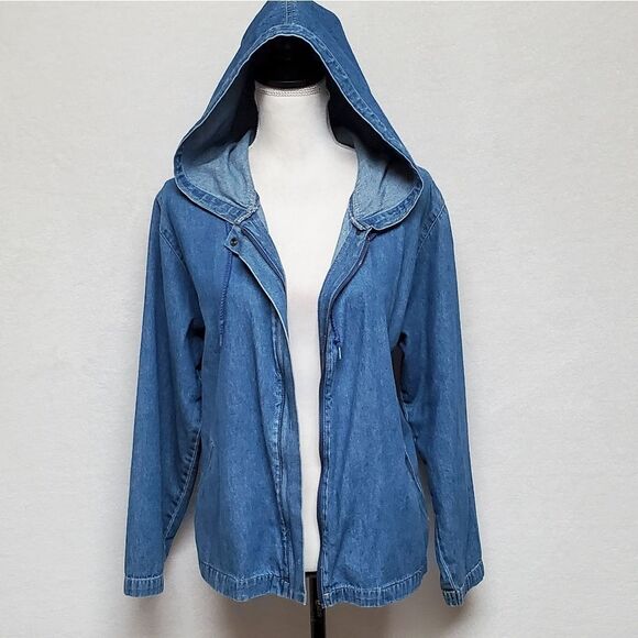 VINTAGE 1990s Sag Harbor Stone Wash Full-zip Hooded Denim Shacket Jacket Medium - Picture 4 of 16